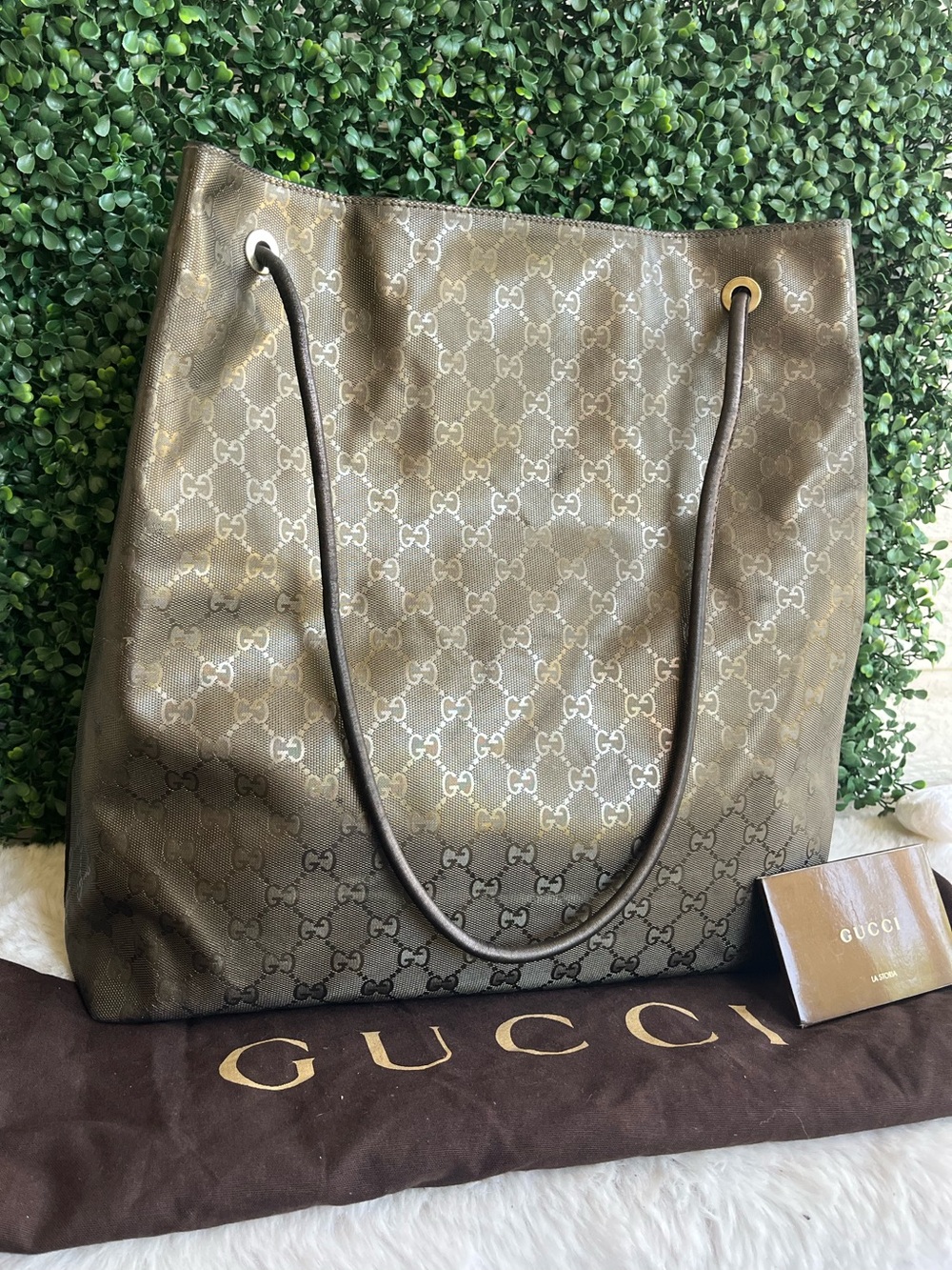 GUCCI Pewter GG Web Supreme XL Drawstring Tote Shoulder Laptop Bag Monogram
